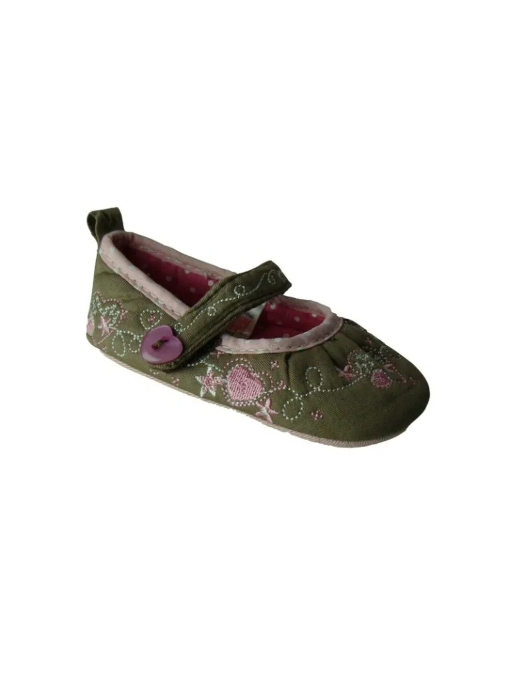 Infant Girls Mary Jane Shoes Size 1 Embroidered Pink & Green Floral Design With